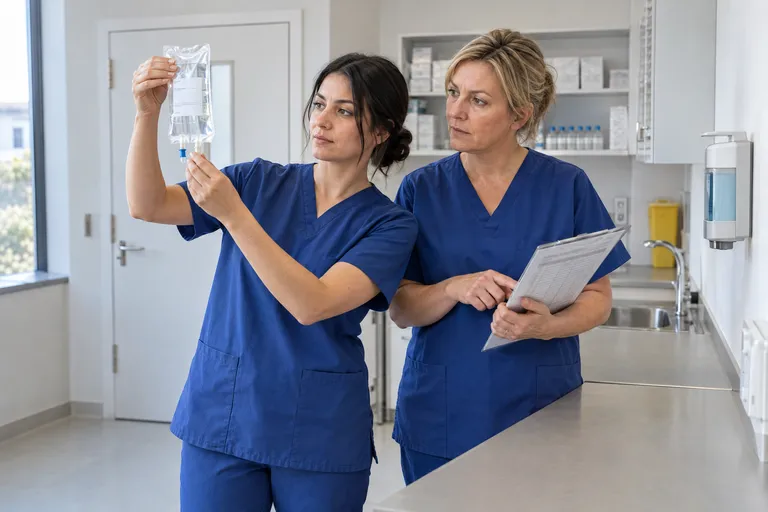 Eine Pflegefachkraft aus dem Ausland arbeitet auf einer Station Seite an Seite mit einer Praxisanleiterin, beide prüfen gemeinsam eine Infusion.