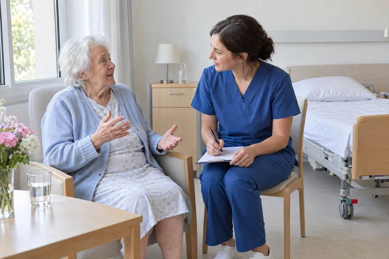 Eine Pflegefachkraft führt ein Aufnahmegespräch mit einer älteren Patientin, beugt sich zugewandt vor und hört aufmerksam zu.