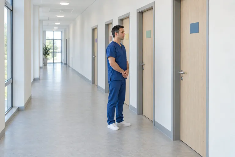 Fünf Türen eines Prüfungsparcours in einem Flur, vor einer Tür wartet eine Pflegefachkraft mit gesammelter Haltung.