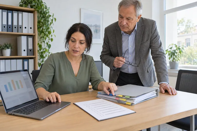 Eine Qualitätsbeauftragte sitzt am Laptop mit farbigen Balken, ein Einrichtungsleiter steht neben ihr.