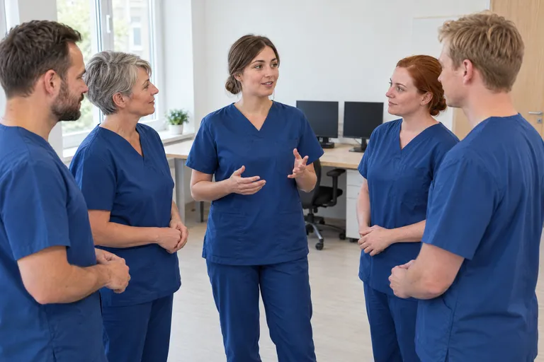 Ein kleines Pflegeteam steht im Kreis bei einer kurzen Besprechung, die neue Kollegin hat das Wort, die anderen hören zu.