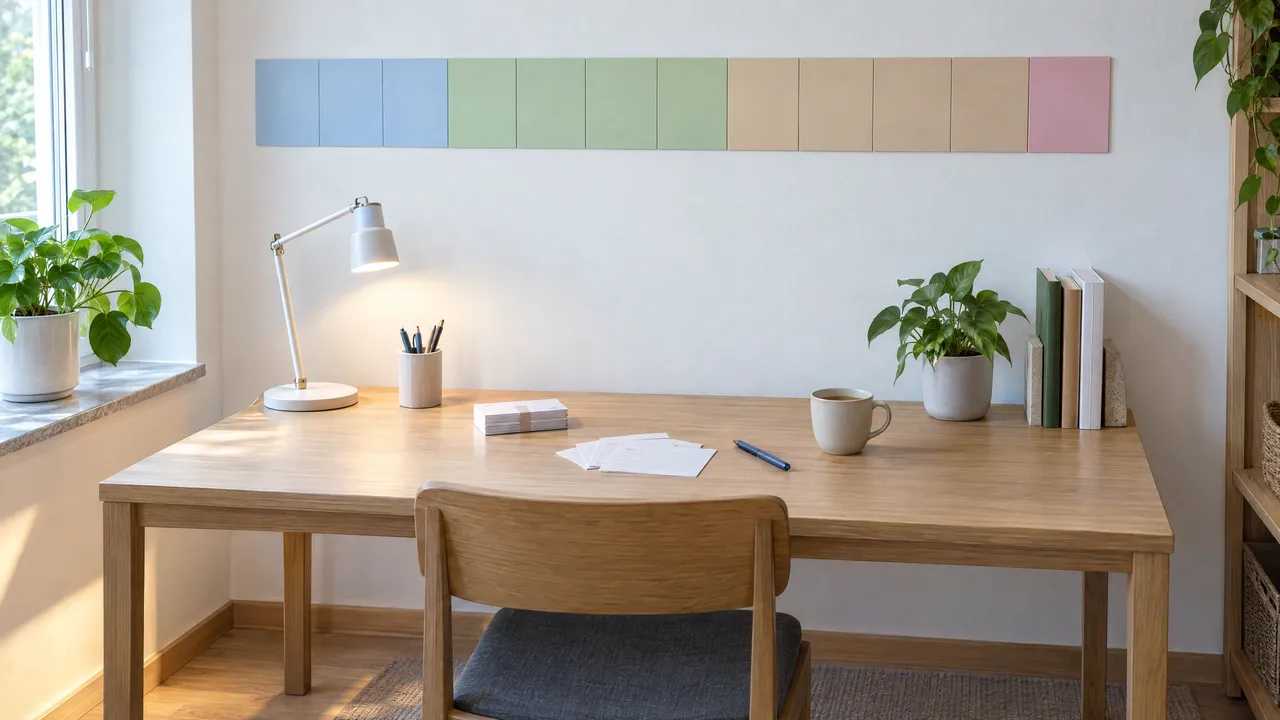 Ein Wandkalender mit zwölf Wochen, farbig in vier Abschnitte geteilt, darunter ein Schreibtisch mit Lernkarten und einer Tasse Tee.