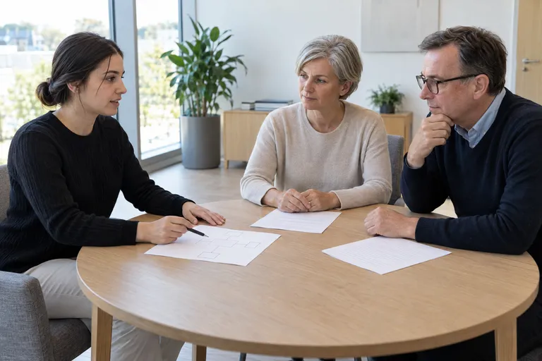 Ein Prüfungsgespräch in einem hellen Besprechungsraum: zwei Prüfende hören einer Auszubildenden zu, die anhand einer Skizze argumentiert.
