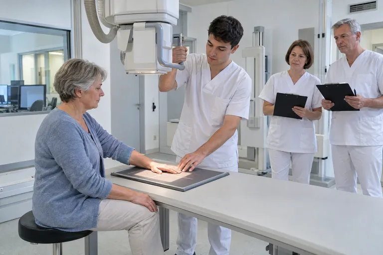 Ein Auszubildender richtet das Lichtvisier auf die flach liegende Hand einer Patientin aus, zwei Prüfende mit Klemmbrett stehen dahinter.