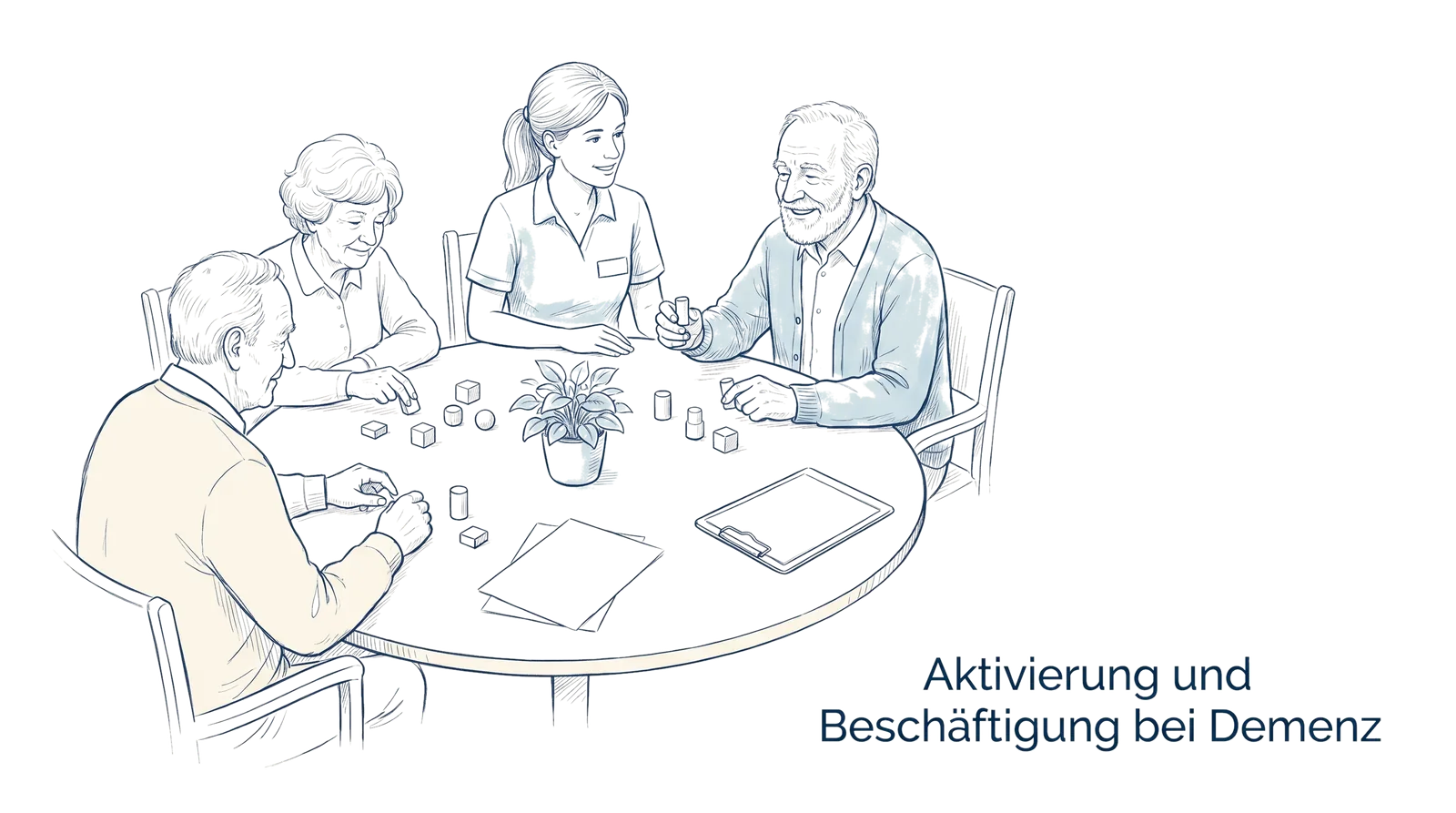 Illustration zum Thema Aktivierung und Beschäftigung bei Demenz: 15 bewährte Methoden, Fachbeitrag aus dem Bereich Betreuungskräfte der Wissensakademie des Refresher Zentrums