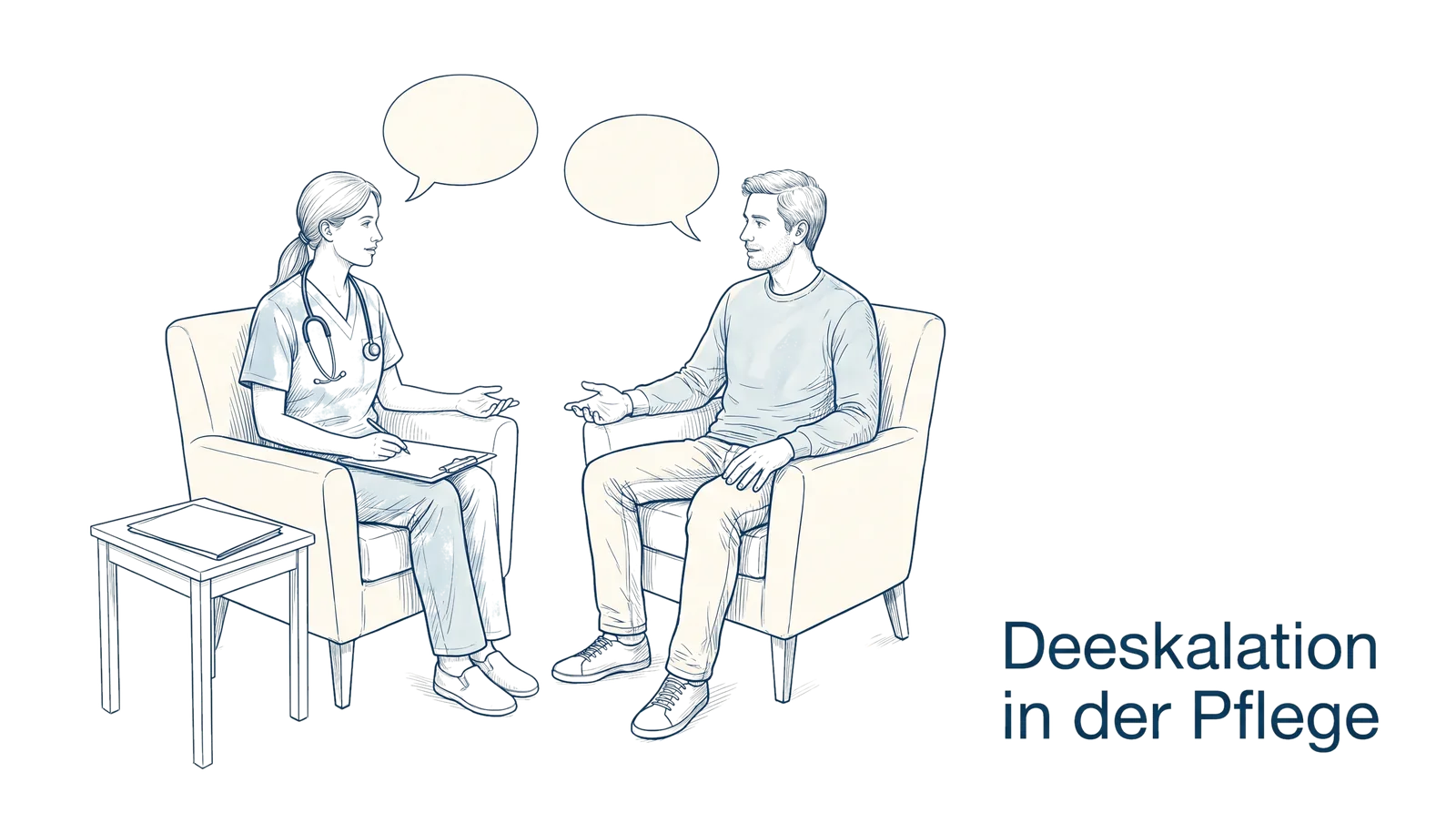 Illustration zum Thema Deeskalation in der Pflege: 8 Techniken für schwierige Situationen, Fachbeitrag aus dem Bereich Kommunikation der Wissensakademie des Refresher Zentrums