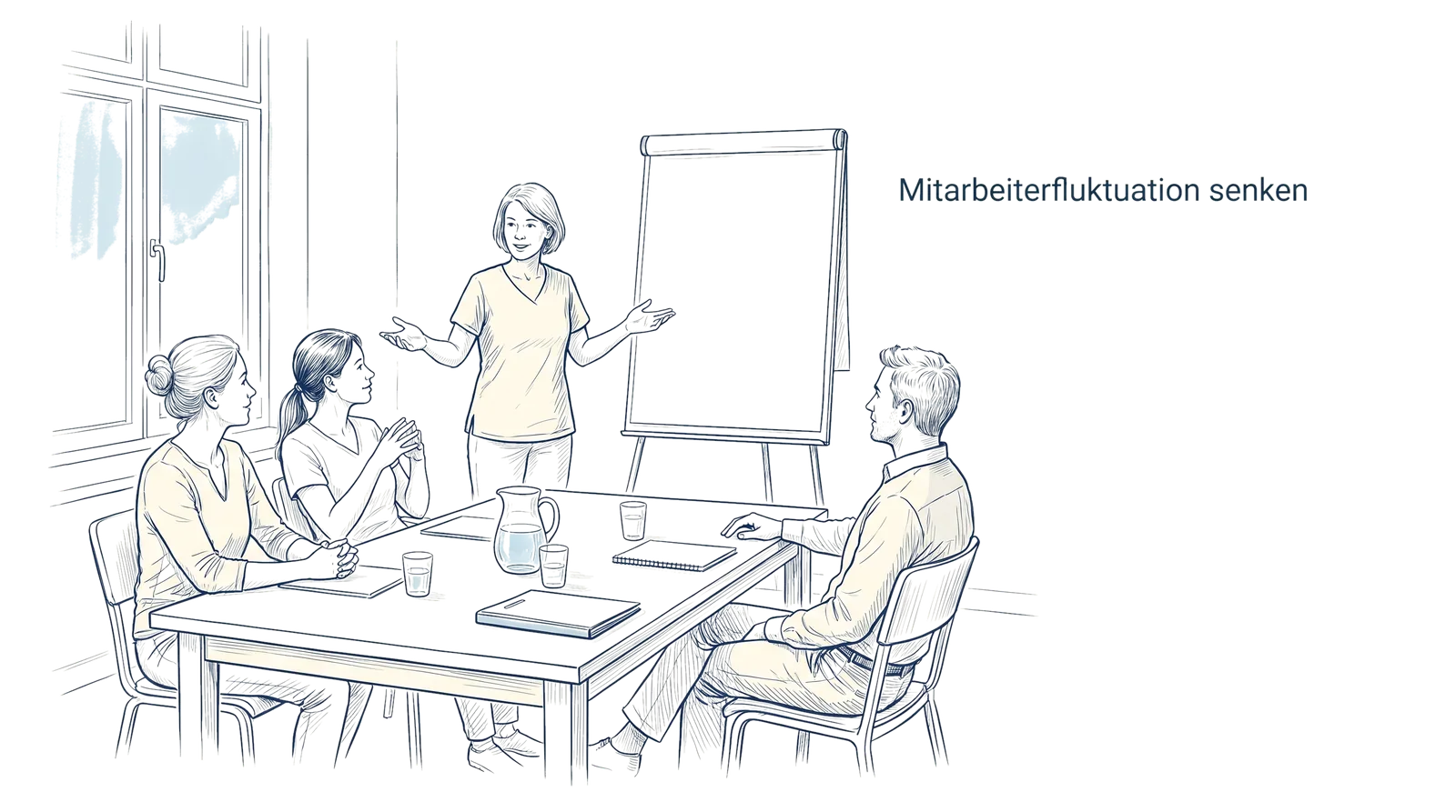 Illustration zum Thema Mitarbeiterfluktuation senken: Strategien für Pflegeeinrichtungen, Fachbeitrag aus dem Bereich Führung der Wissensakademie des Refresher Zentrums