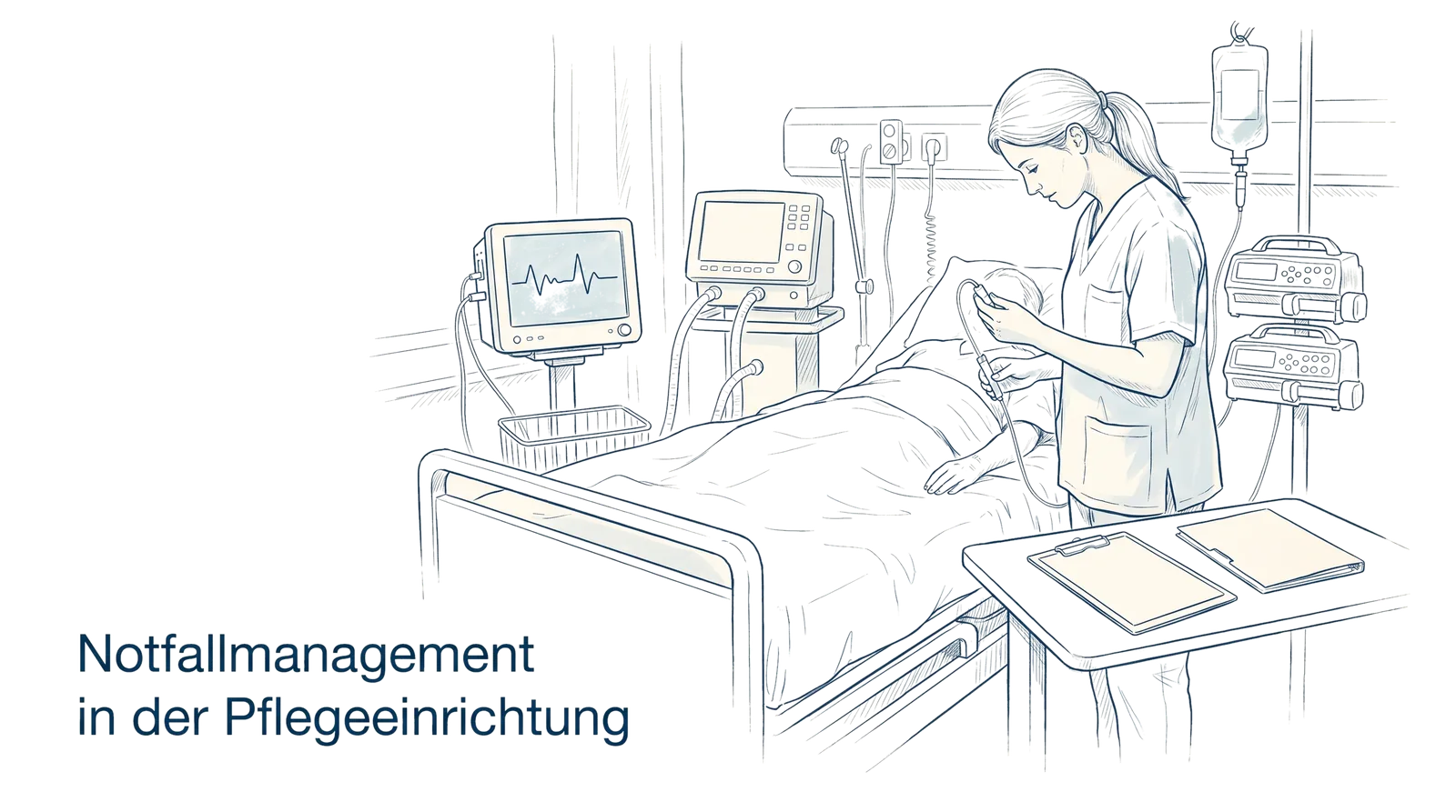 Illustration zum Thema Notfallmanagement in der Pflegeeinrichtung: Reanimation, Alarmkette, Dokumentation, Fachbeitrag aus dem Bereich Intensivpflege der Wissensakademie des Refresher Zentrums
