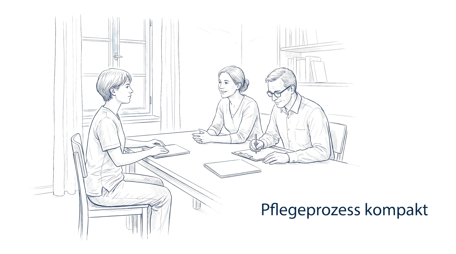Illustration zum Thema Pflegeprozess kompakt: Das Wichtigste fürs Examen, Fachbeitrag aus dem Bereich Examensvorbereitung der Wissensakademie des Refresher Zentrums