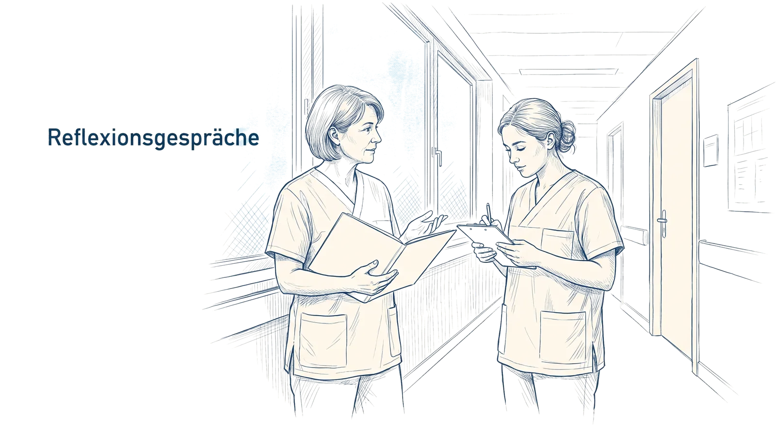 Illustration zum Thema Reflexionsgespräche: Ein Praxisguide, Fachbeitrag aus dem Bereich Praxisanleitung der Wissensakademie des Refresher Zentrums