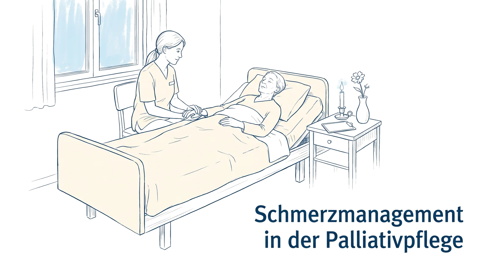 Illustration zum Thema Schmerzmanagement in der Palliativpflege, Fachbeitrag aus dem Bereich Palliative Care der Wissensakademie des Refresher Zentrums